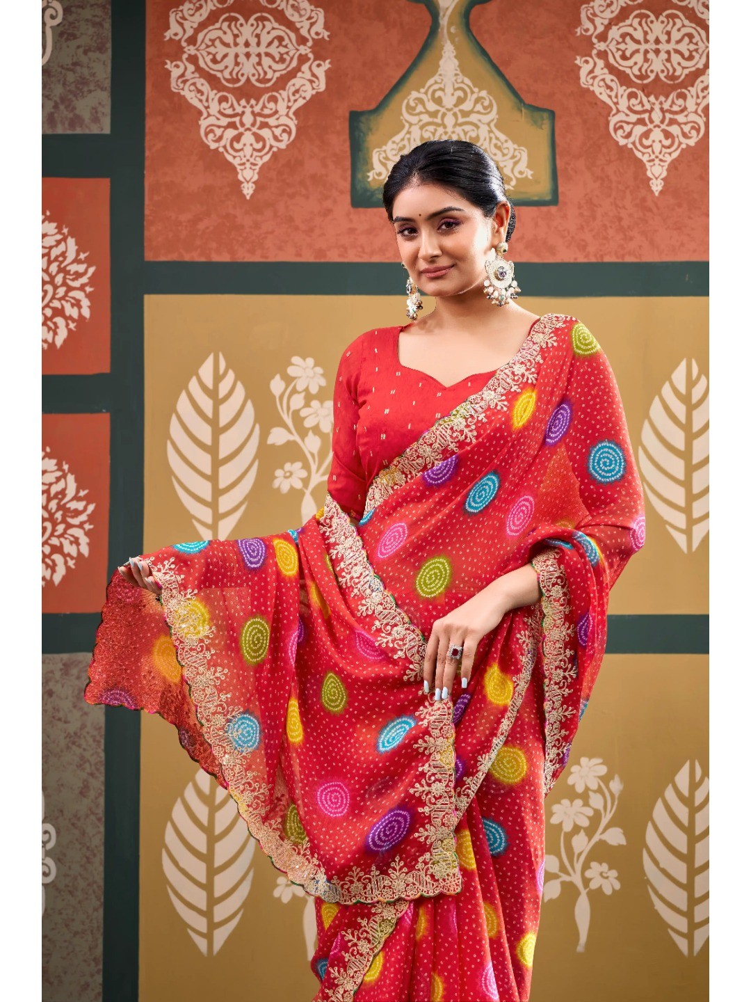 Elegant Red Bandhani Printed Chiffon Saree with Beautiful Embroidery Work - Image 2