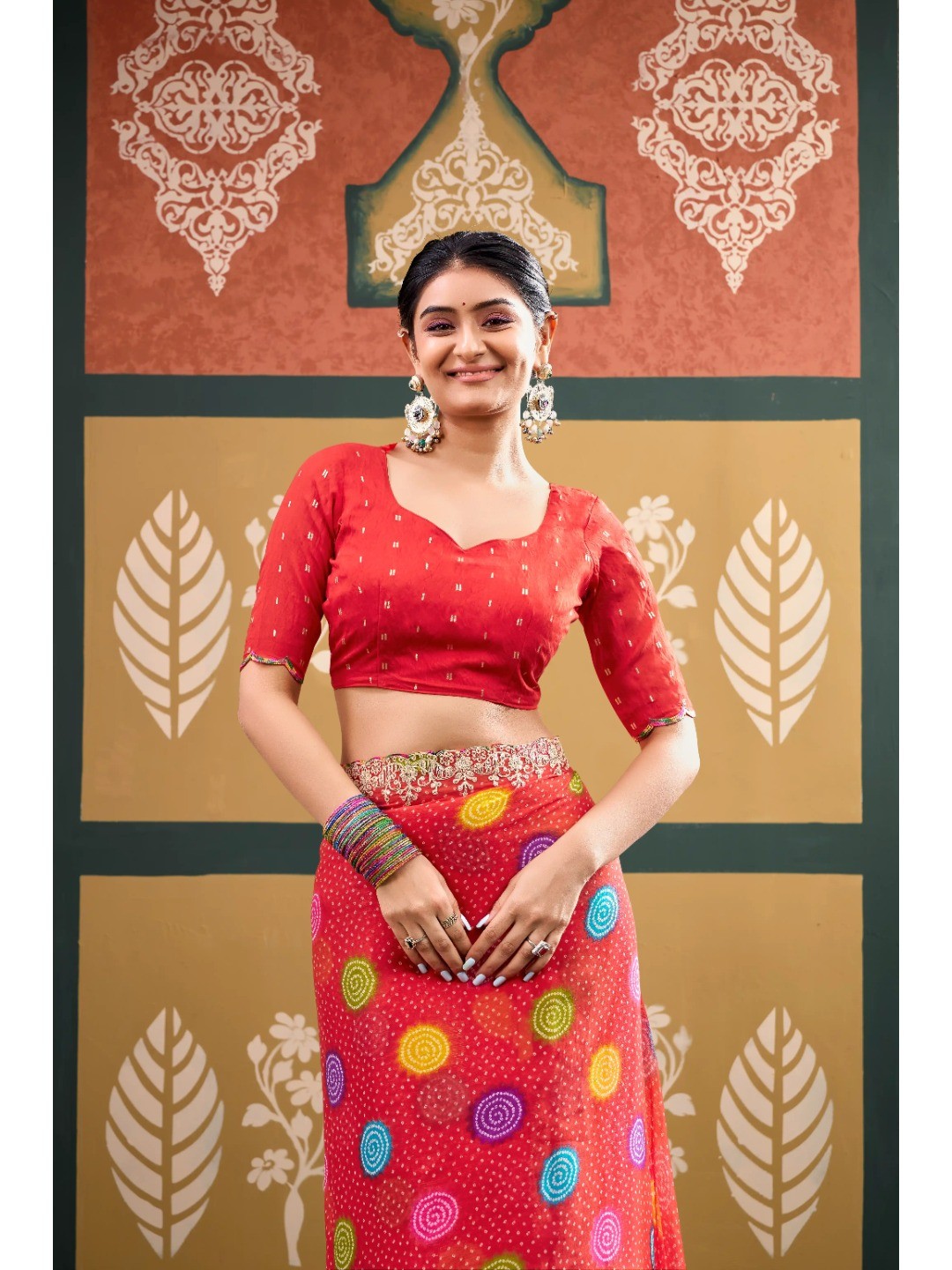 Elegant Red Bandhani Printed Chiffon Saree with Beautiful Embroidery Work - Image 3
