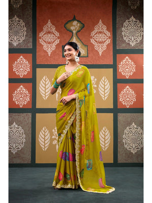 Elegant Olive Bandhani Printed Chiffon Saree with Beautiful Embroidery Work - Image 1