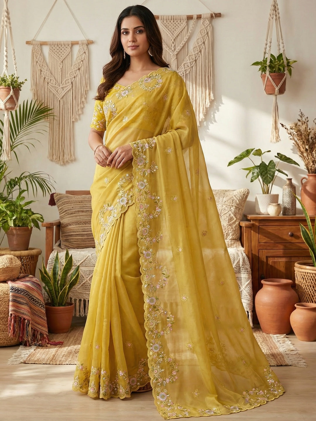 Graceful Mustard Satin Saree Adorned With Floral Embroidery & Shimmering Sequins Work - Image 1