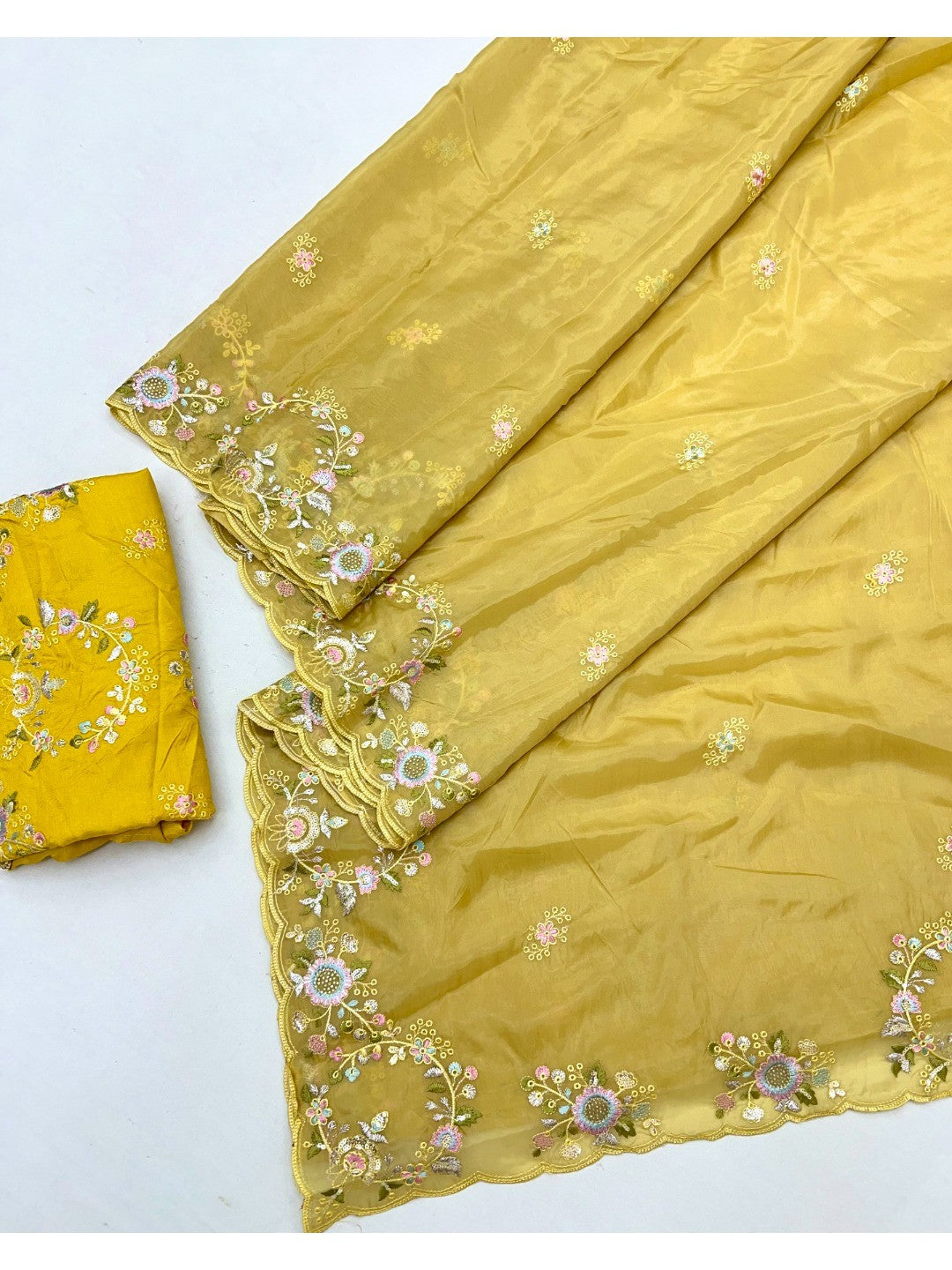 Graceful Mustard Satin Saree Adorned With Floral Embroidery & Shimmering Sequins Work - Image 3