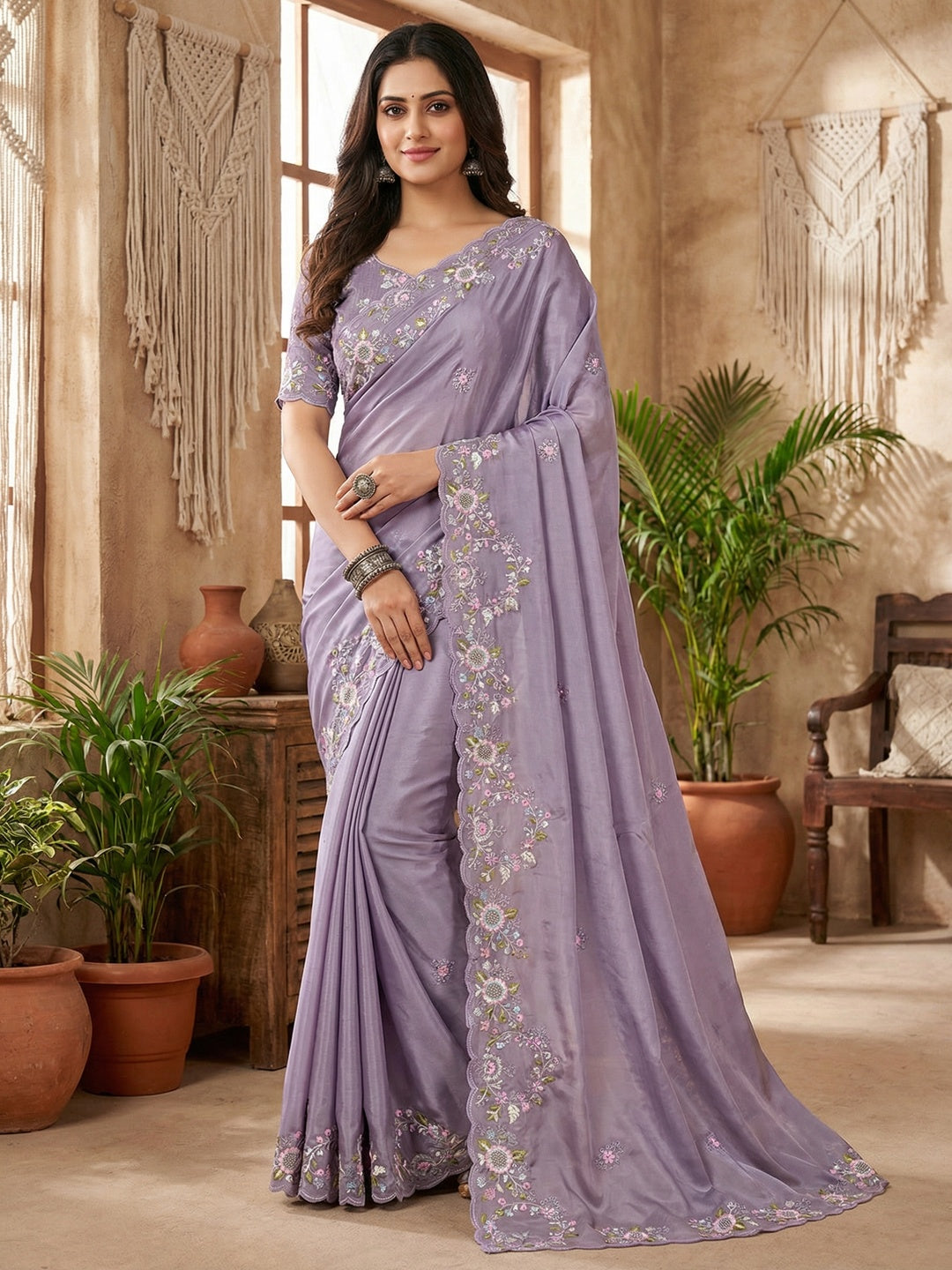 Graceful Lavender Satin Saree Adorned With Floral Embroidery & Shimmering Sequins Work - Image 1