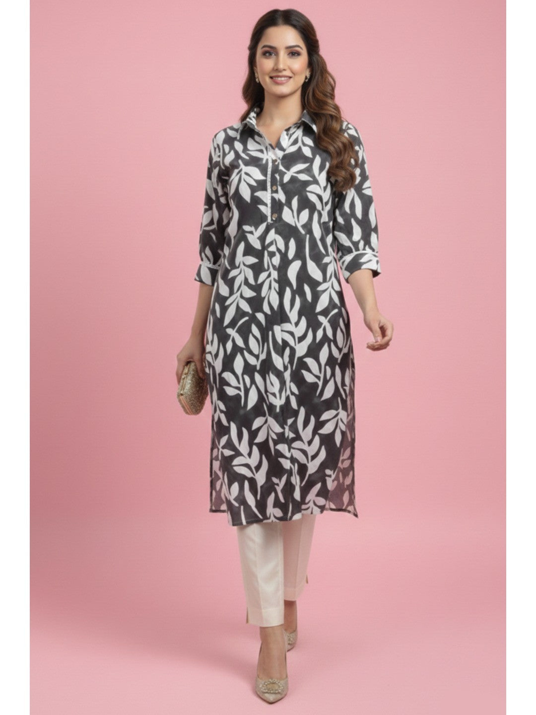 Grey Floral Printed Linen Straight Kurti with Minimalist Casual Style - Image 1