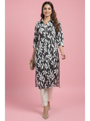 Grey Floral Printed Linen Straight Kurti with Minimalist Casual Style - Image 1