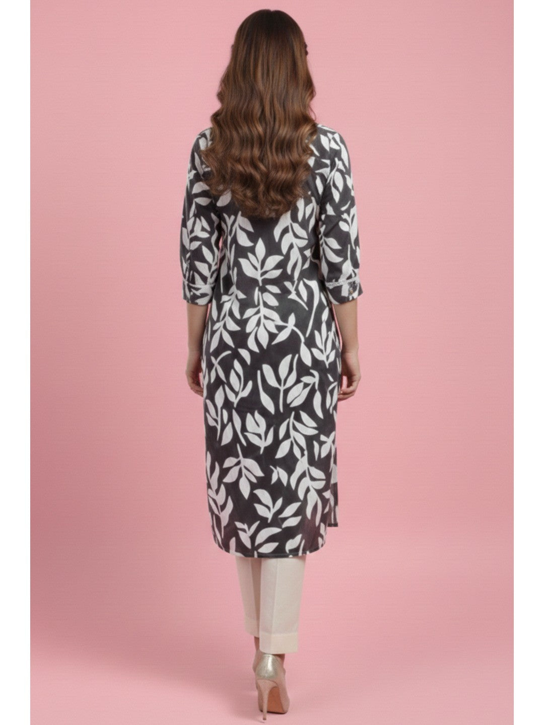 Grey Floral Printed Linen Straight Kurti with Minimalist Casual Style - Image 3