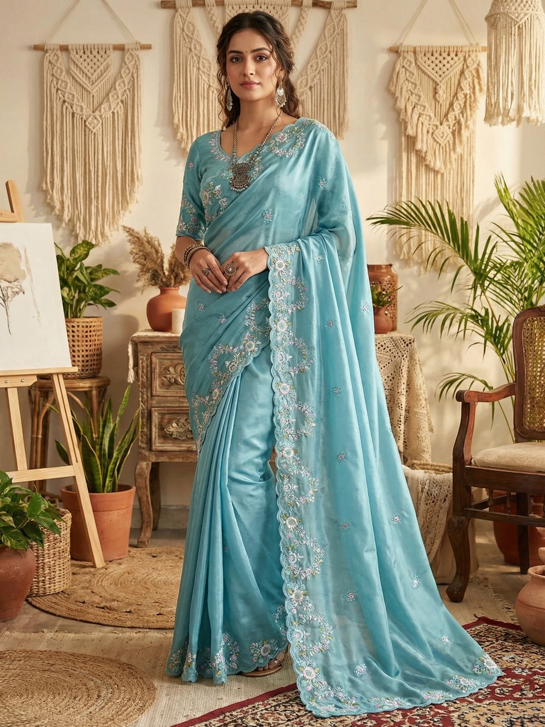 Graceful Blue Satin Saree Adorned With Floral Embroidery & Shimmering Sequins Work - Image 1