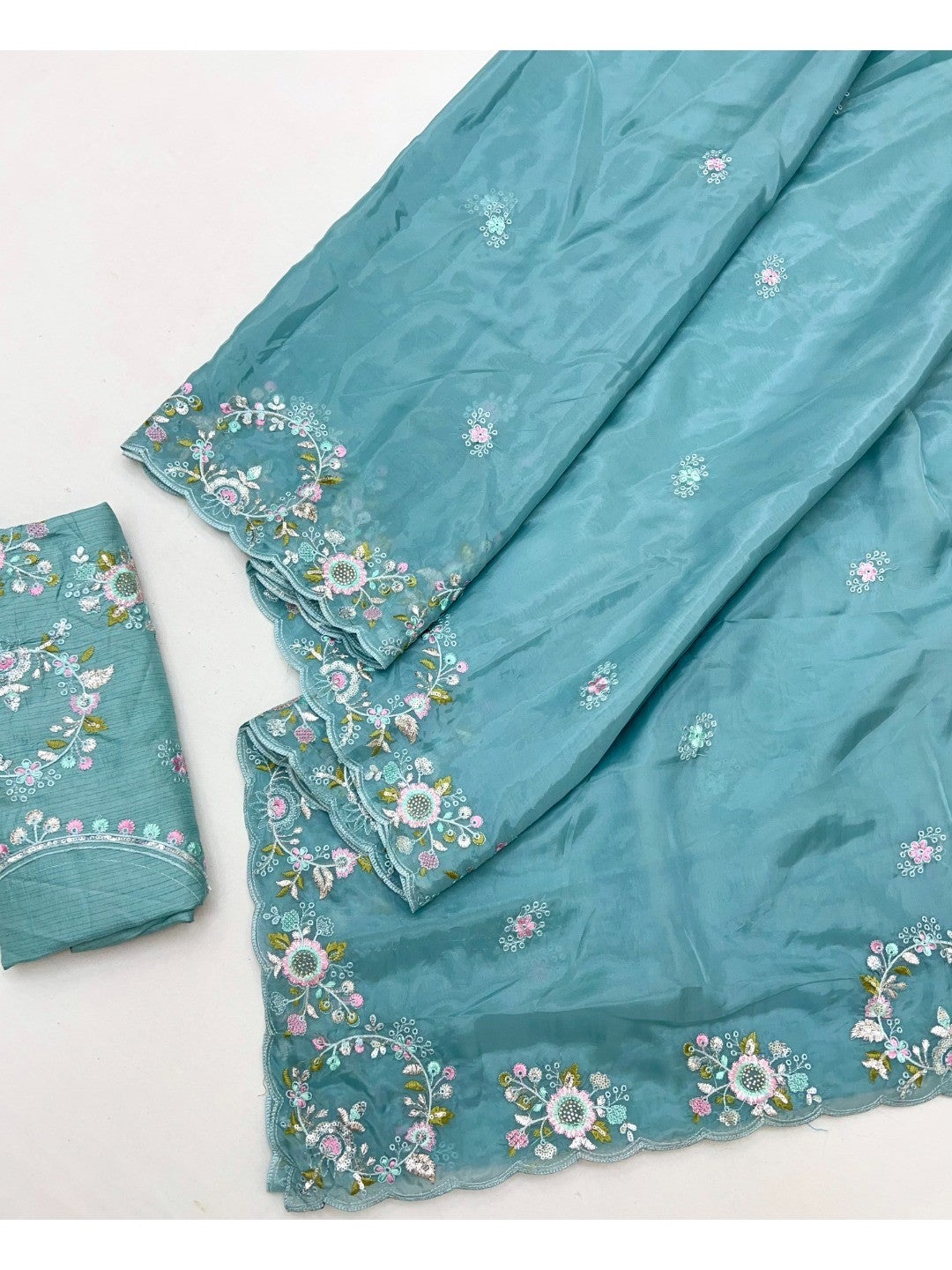 Graceful Blue Satin Saree Adorned With Floral Embroidery & Shimmering Sequins Work - Image 3