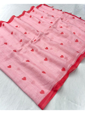 Pink Digital Printed Linen Saree with Pink Heart Motifs - Image 2
