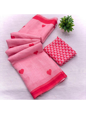Pink Digital Printed Linen Saree with Pink Heart Motifs - Image 2