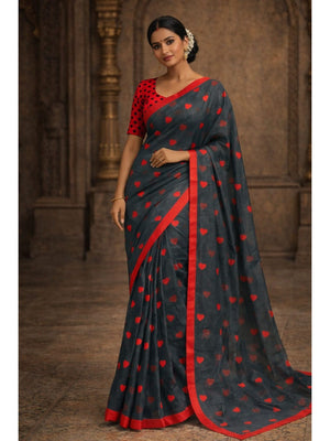 Black Digital Printed Linen Saree with Pink Heart Motifs - Image 1