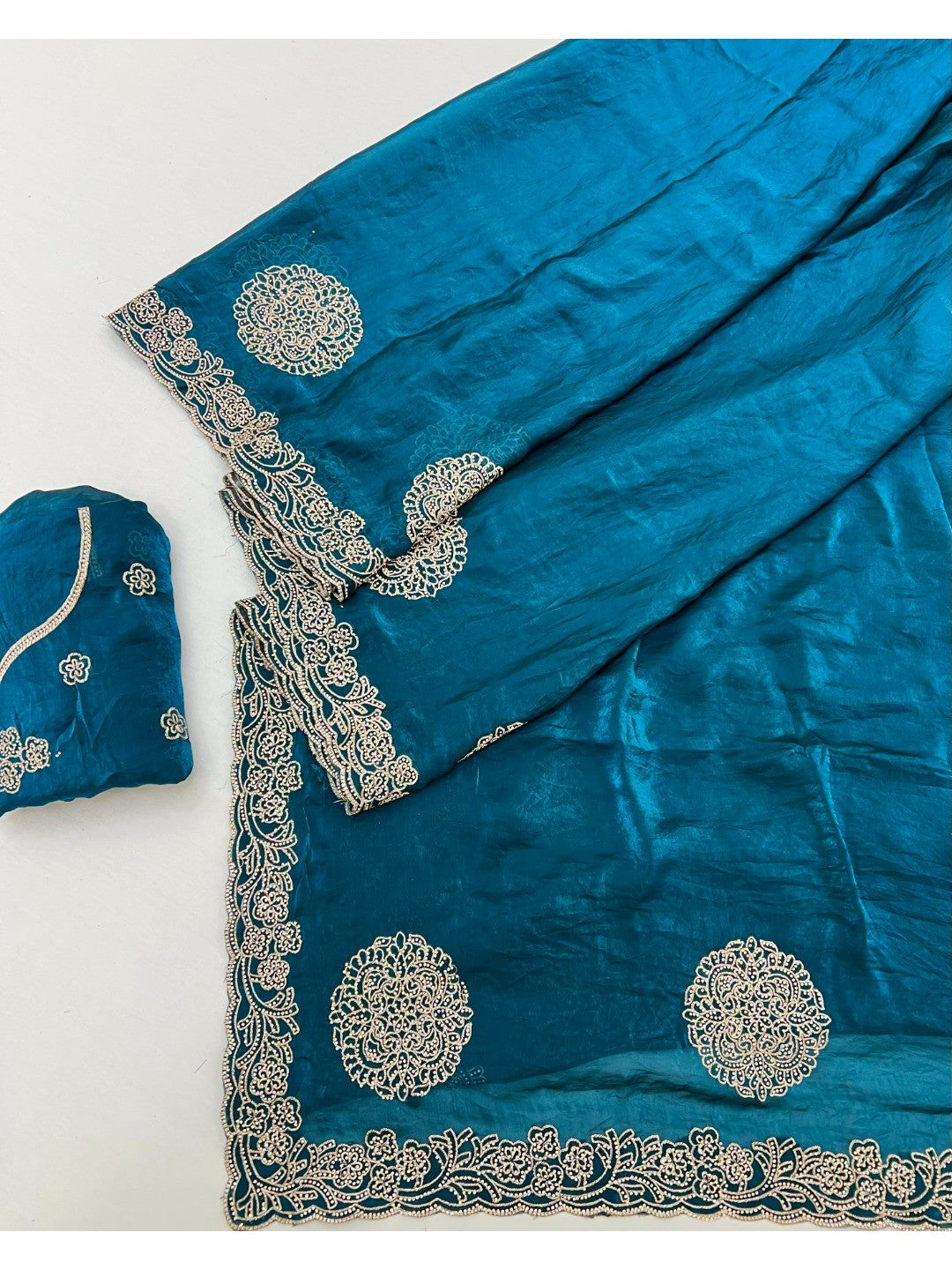Elegant Morpich Blue Organza Satin Silk Saree Adorned With Fine Embroidery & Swarovski Work - Image 3