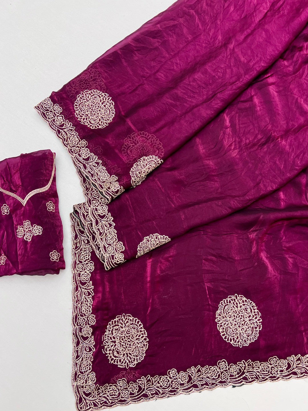 Elegant Wine Organza Satin Silk Saree Adorned With Fine Embroidery & Swarovski Work - Image 3