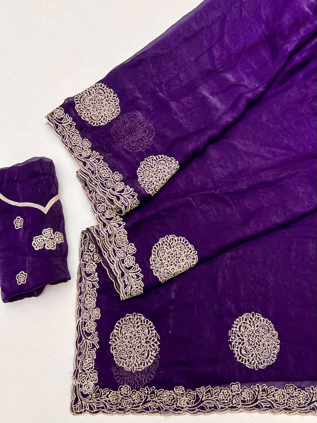 Elegant Purple Organza Satin Silk Saree Adorned With Fine Embroidery & Swarovski Work - Image 3