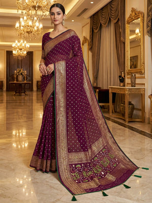 Luxurious Wine Bandhani Foil Printed Viscose Saree for Traditional Functions and Parties - Image 1