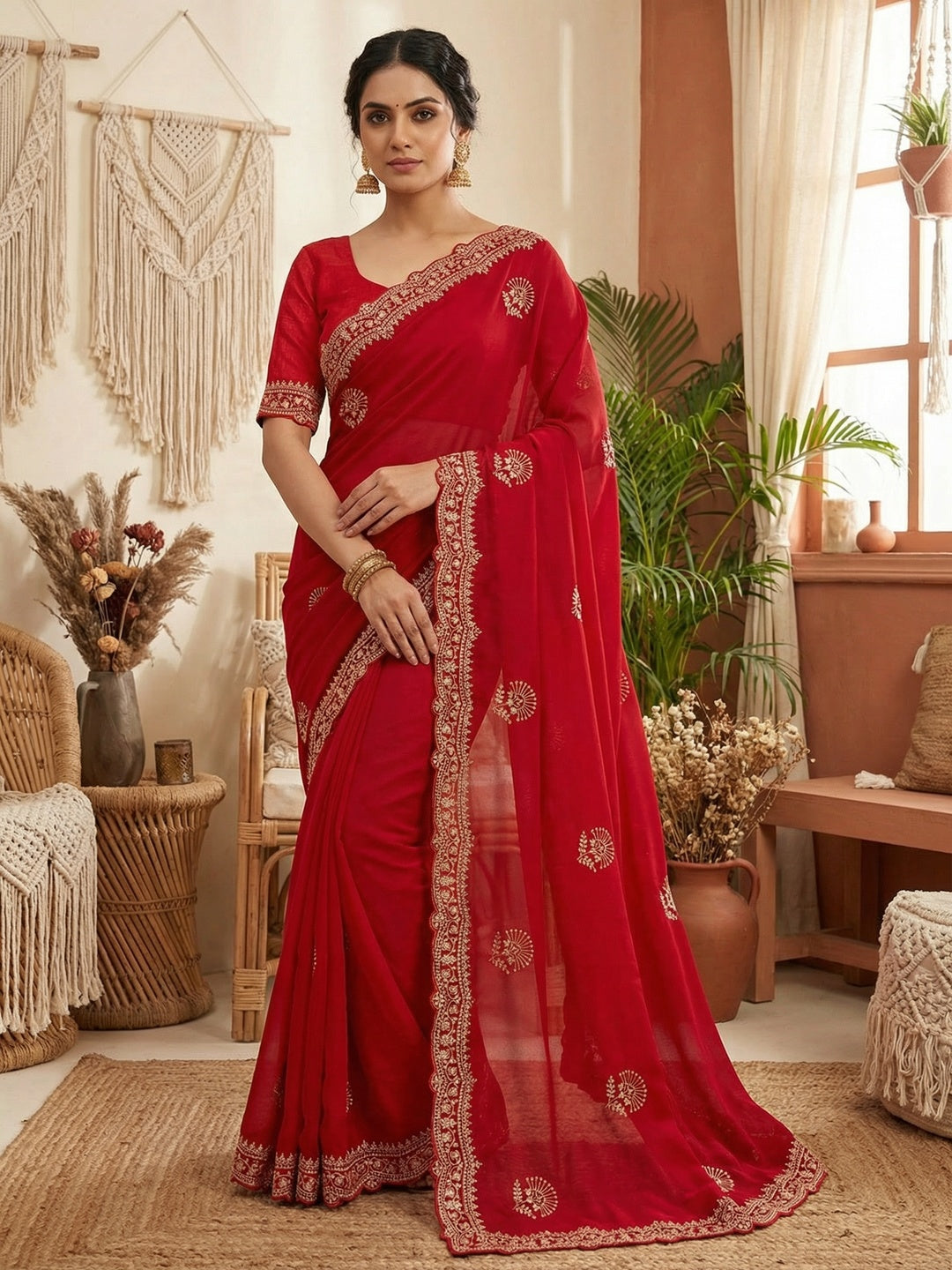 Glamorous Red Floral Motif Chiffon Saree Featuring Intricate Cording Embroidery - Image 1