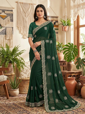 Glamorous Bottle Green Floral Motif Chiffon Saree Featuring Intricate Cording Embroidery - Image 1