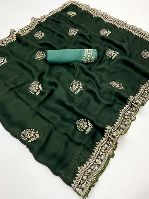 Glamorous Bottle Green Floral Motif Chiffon Saree Featuring Intricate Cording Embroidery - Image 2