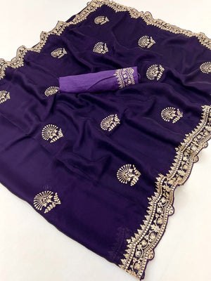 Glamorous Purple Floral Motif Chiffon Saree Featuring Intricate Cording Embroidery - Image 2