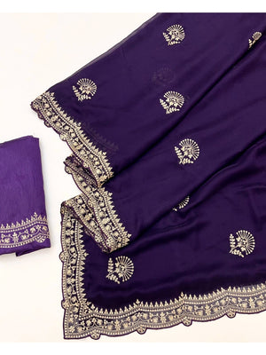 Glamorous Purple Floral Motif Chiffon Saree Featuring Intricate Cording Embroidery - Image 2