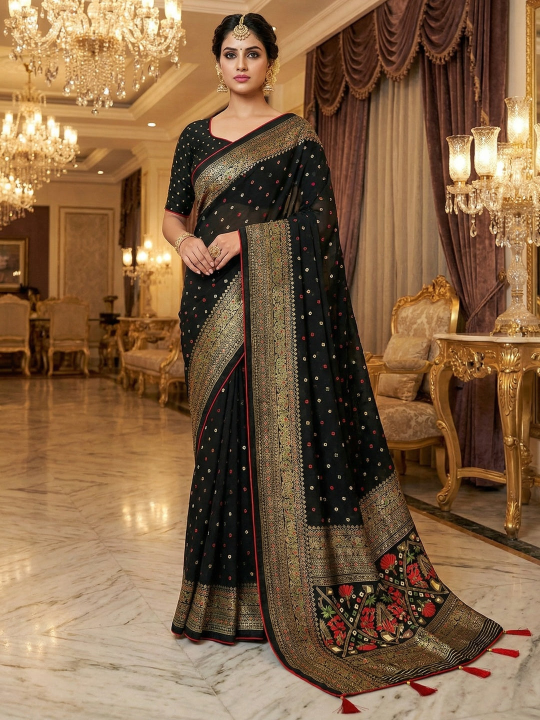 Luxurious Black Bandhani Foil Printed Viscose Saree for Traditional Functions and Parties - Image 1