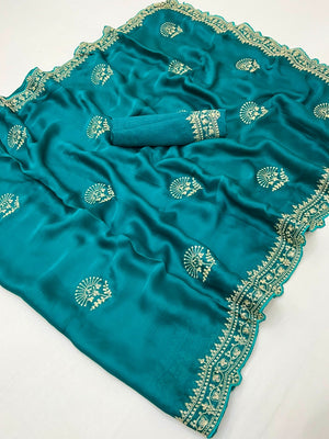 Glamorous Rama Blue Floral Motif Chiffon Saree Featuring Intricate Cording Embroidery - Image 2