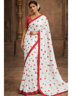 White Digital Printed Linen Saree with Pink Heart Motifs - Image 1
