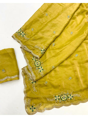 Luxurious Dark Mustard Floral Sequins Embroidered Moss Georgette Saree Accented With Zari Border - Image 2