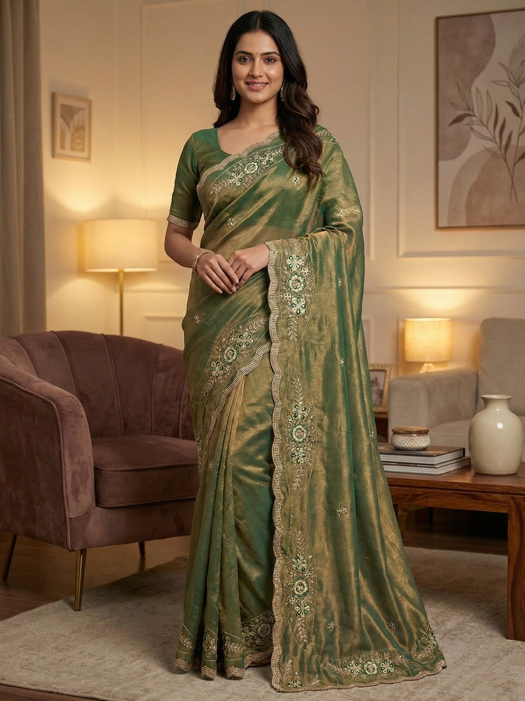 Luxurious Green Floral Sequins Embroidered Moss Georgette Saree Accented With Zari Border - Image 1