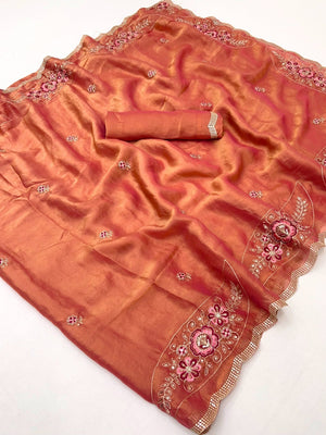 Luxurious Peach Floral Sequins Embroidered Moss Georgette Saree Accented With Zari Border - Image 2
