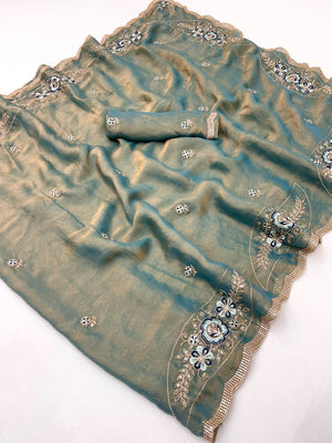 Luxurious Blue Floral Sequins Embroidered Moss Georgette Saree Accented With Zari Border - Image 2