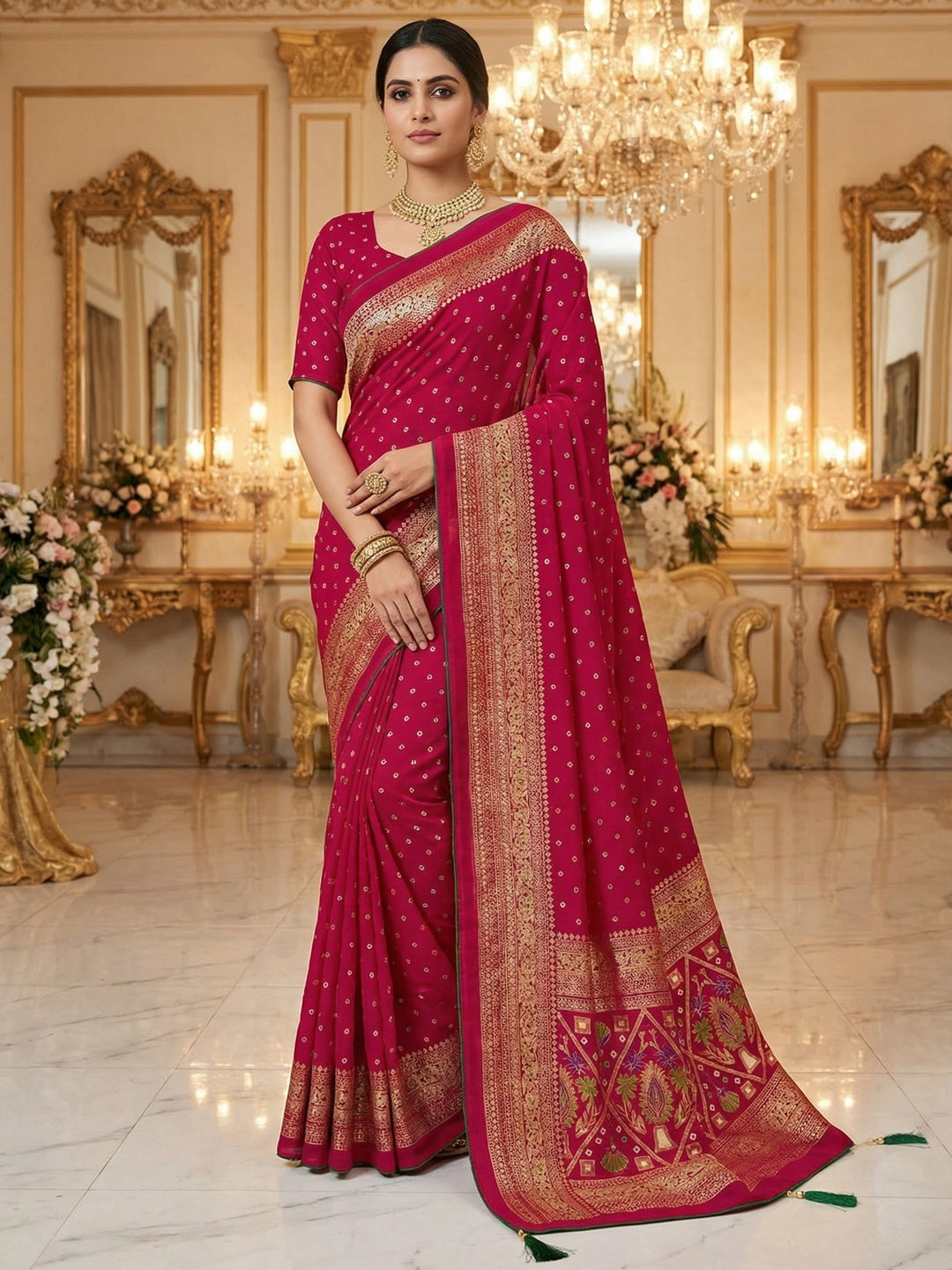 Luxurious Pink Bandhani Foil Printed Viscose Saree for Traditional Functions and Parties - Image 1