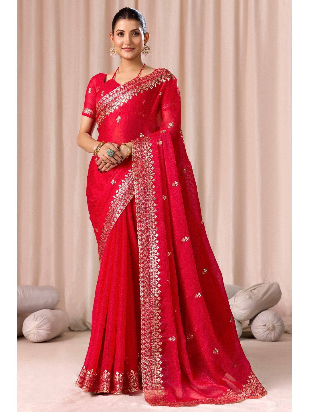 Elegant Red Organza Chiffon Silk Saree with Embroidered Border - Image 1