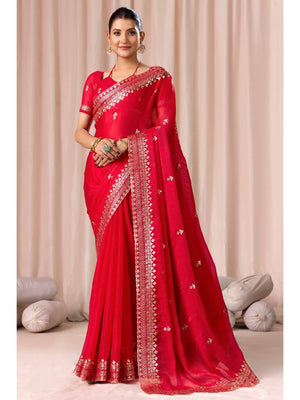 Elegant Red Organza Chiffon Silk Saree with Embroidered Border - Image 1