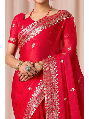Elegant Red Organza Chiffon Silk Saree with Embroidered Border - Image 2