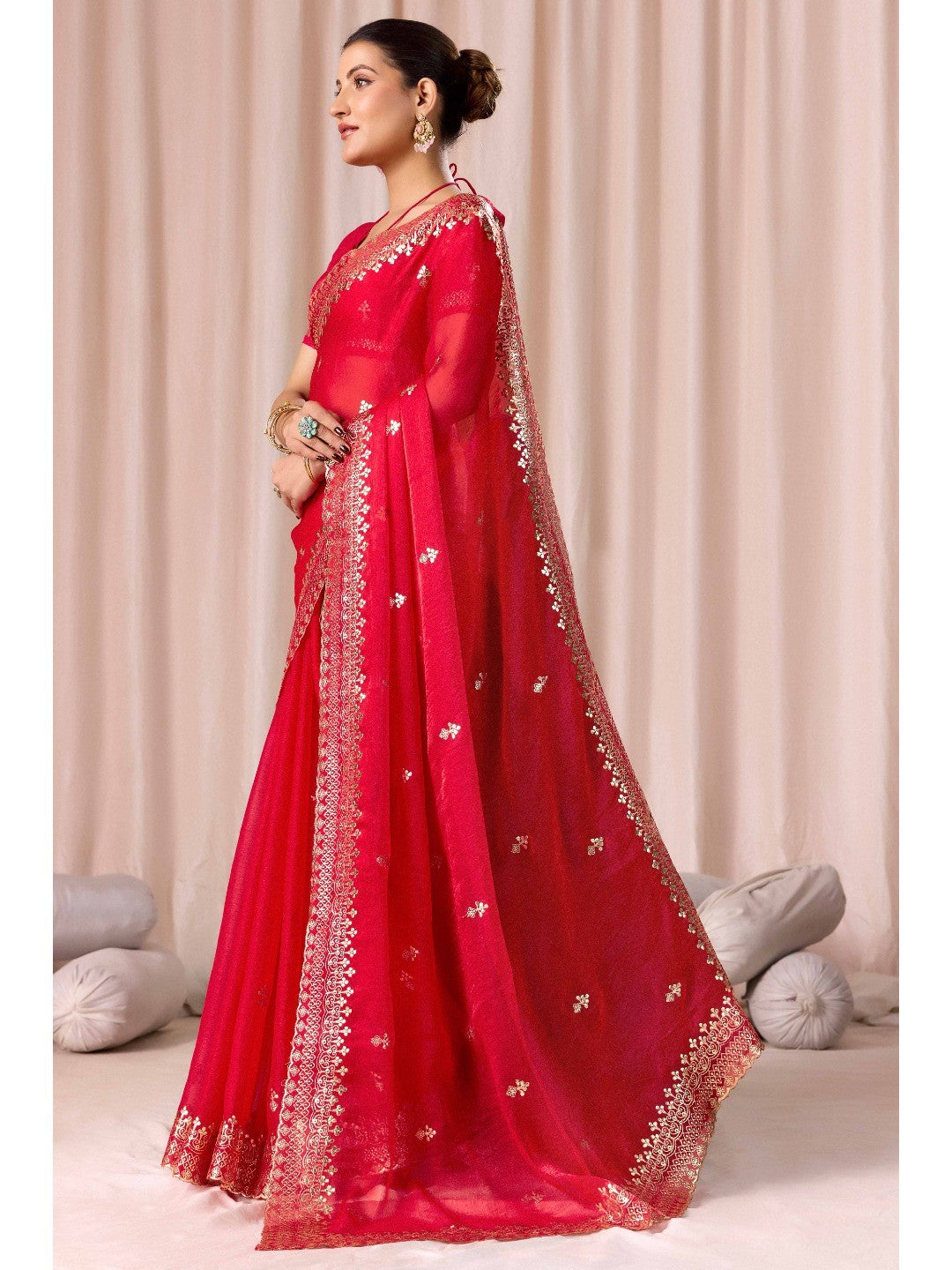 Elegant Red Organza Chiffon Silk Saree with Embroidered Border - Image 4