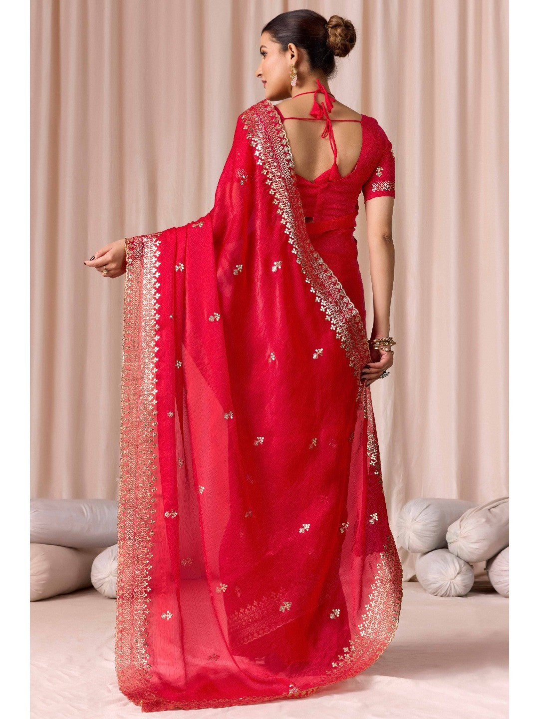 Elegant Red Organza Chiffon Silk Saree with Embroidered Border - Image 5