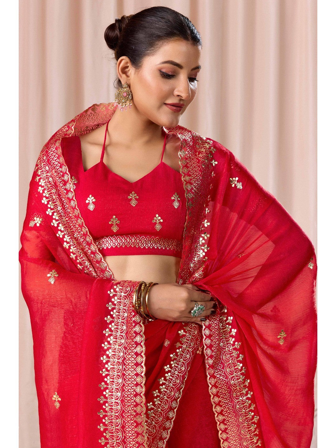 Elegant Red Organza Chiffon Silk Saree with Embroidered Border - Image 6