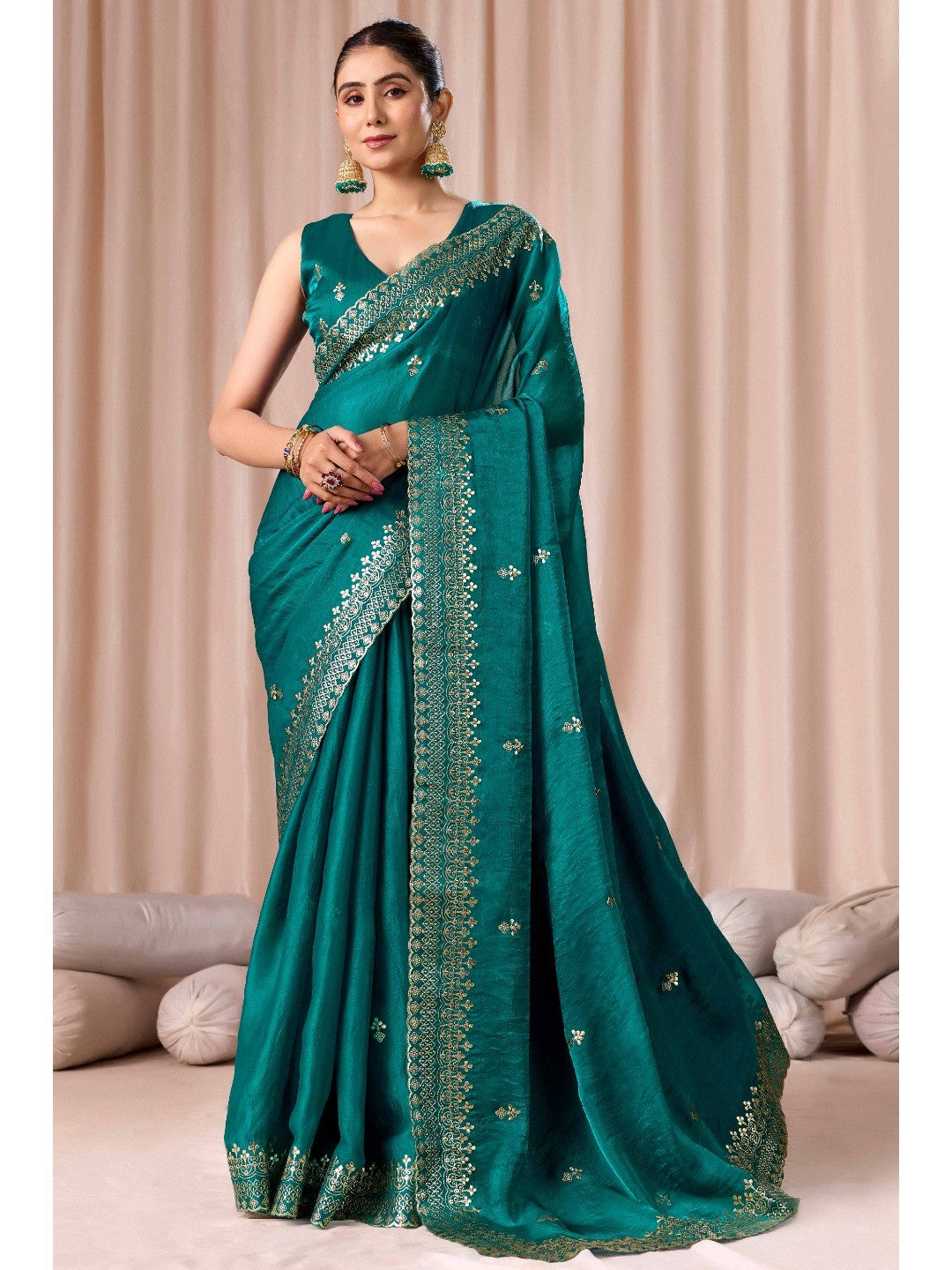 Elegant Teal Green Organza Chiffon Silk Saree with Embroidered Border - Image 1