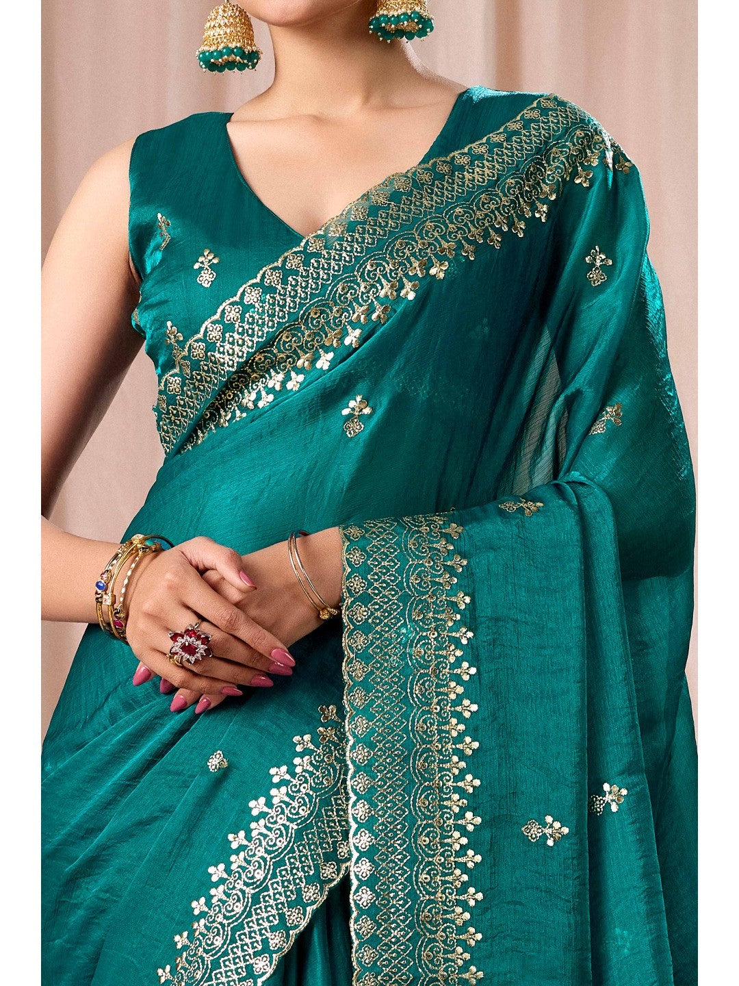 Elegant Teal Green Organza Chiffon Silk Saree with Embroidered Border - Image 2