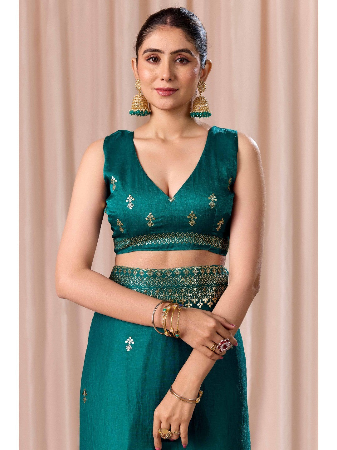 Elegant Teal Green Organza Chiffon Silk Saree with Embroidered Border - Image 8