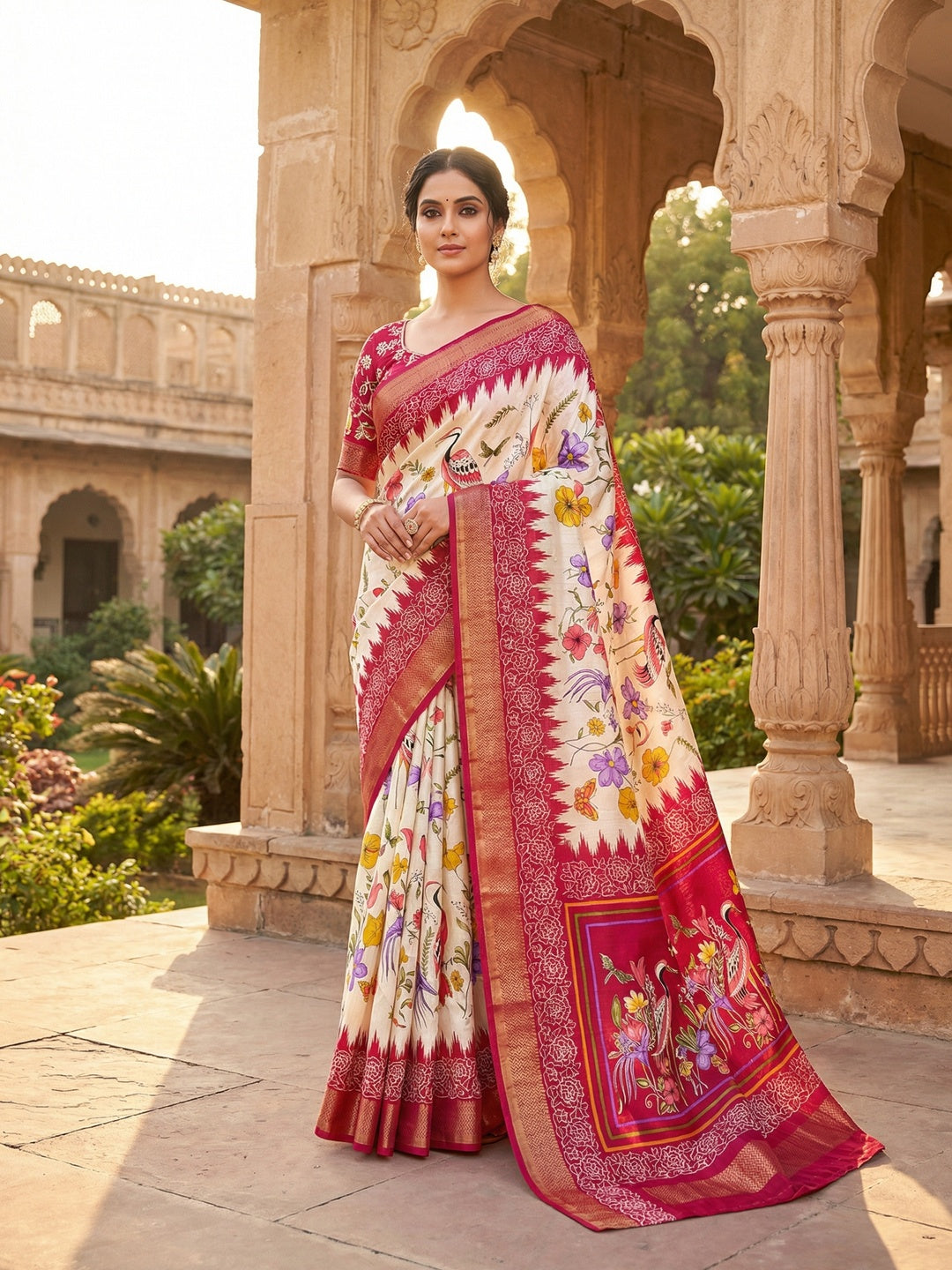 Elegant Offwhite Kalamkari Printed Tussar Silk Saree with Pink Border - Image 1