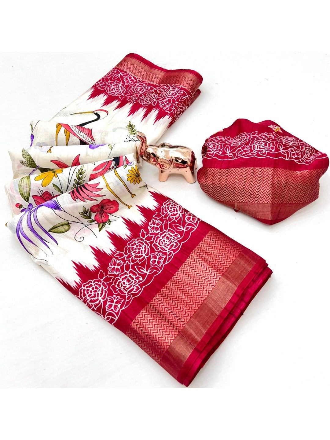 Elegant Offwhite Kalamkari Printed Tussar Silk Saree with Pink Border - Image 4
