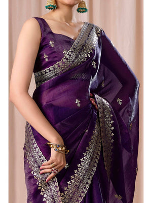 Elegant Purple Organza Chiffon Silk Saree with Embroidered Border - Image 2