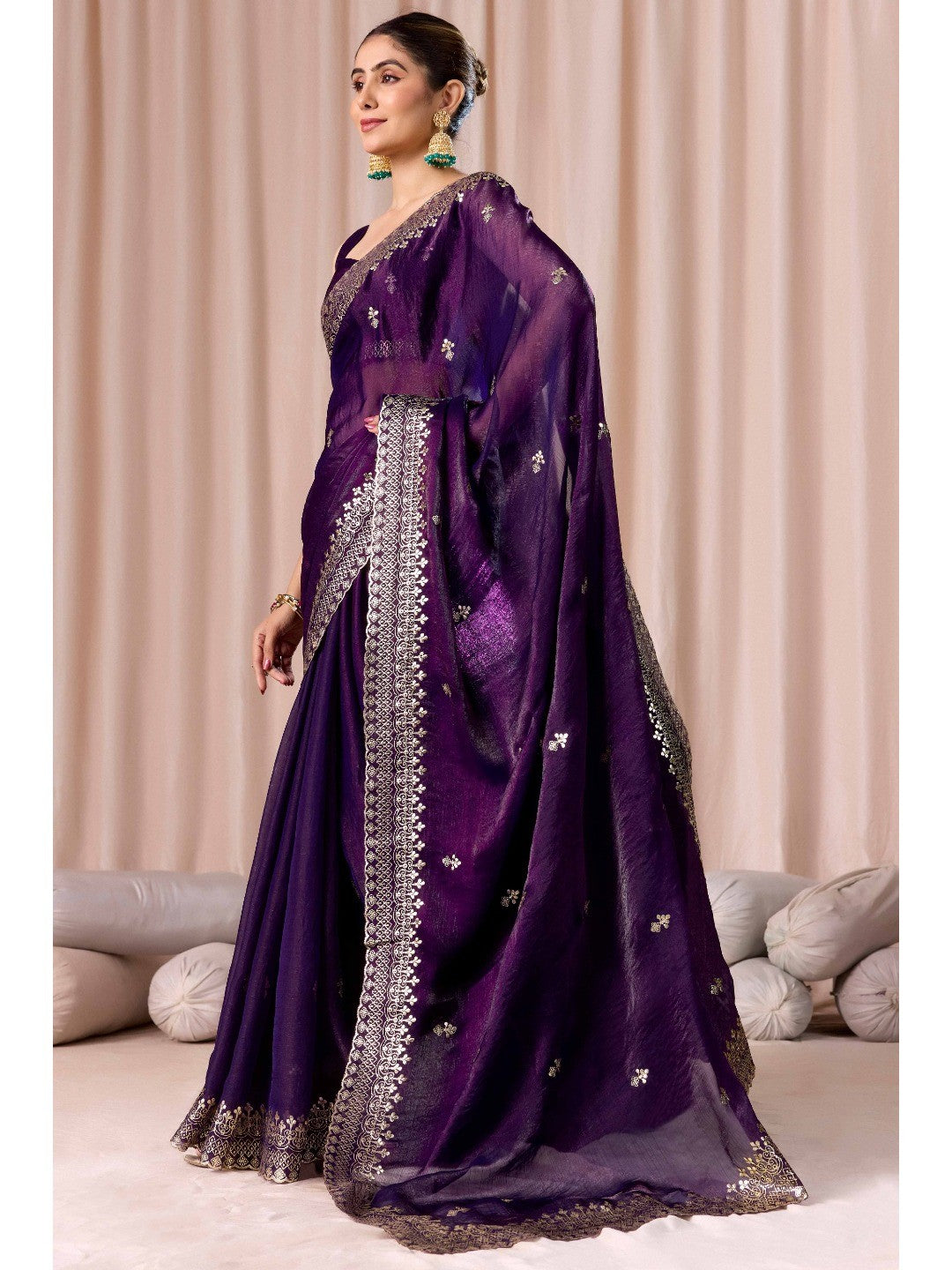 Elegant Purple Organza Chiffon Silk Saree with Embroidered Border - Image 3