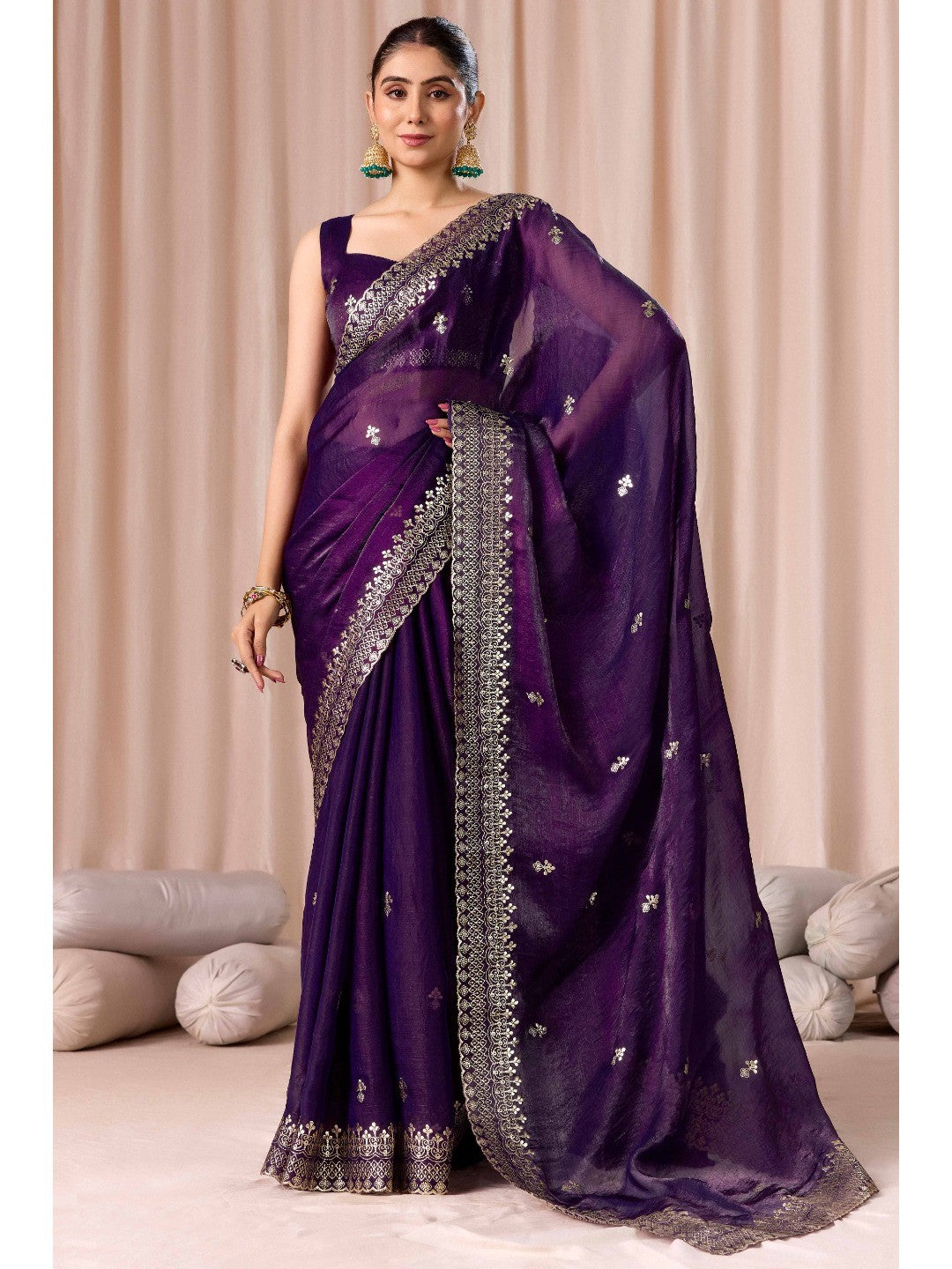 Elegant Purple Organza Chiffon Silk Saree with Embroidered Border - Image 5