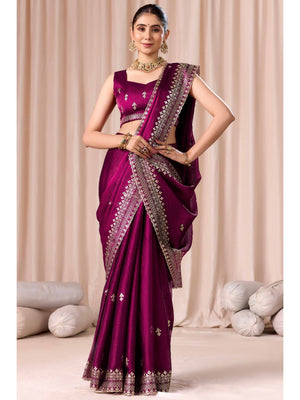 Elegant Magenta Organza Chiffon Silk Saree with Embroidered Border - Image 1
