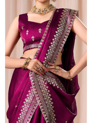 Elegant Magenta Organza Chiffon Silk Saree with Embroidered Border - Image 2