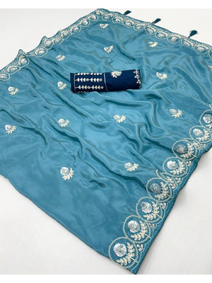 Luxurious Blue Crepe Saree Featuring Floral Sequins Embroidery & Designer Tassel Pallu - Image 2