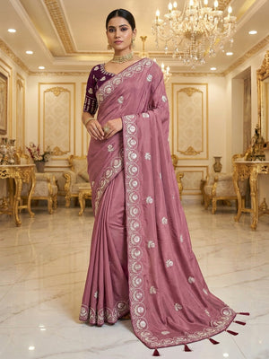 Luxurious Mauve Crepe Saree Featuring Floral Sequins Embroidery & Designer Tassel Pallu - Image 1