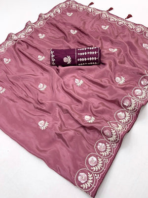 Luxurious Mauve Crepe Saree Featuring Floral Sequins Embroidery & Designer Tassel Pallu - Image 2